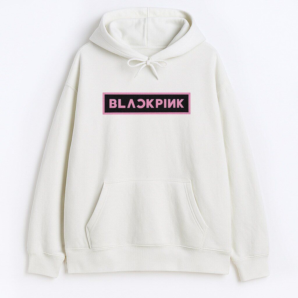 Pełny przód Bluza z Kapturem Blackpink Logo w białym Biała Bluza z Kapturem Blackpink Logo pełny przód z różowym logo