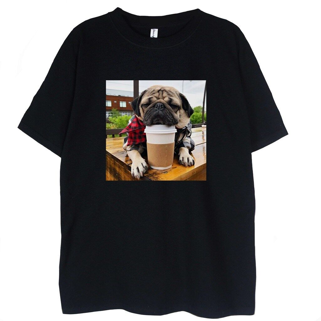 czarna koszulka mops z mopsem coffee please t-shirt Coffee Please Pug - obrazek 1