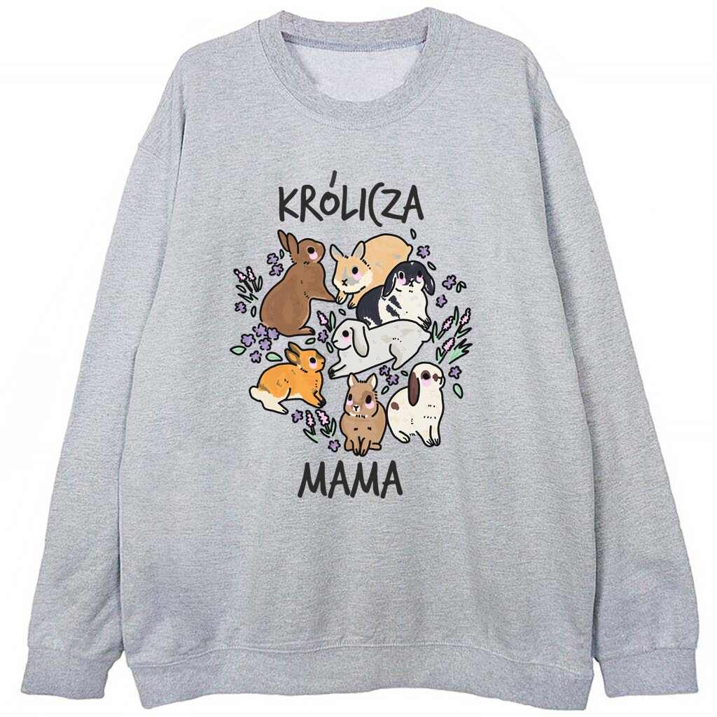 szara bluza z motywem królików i napisem królicza mama