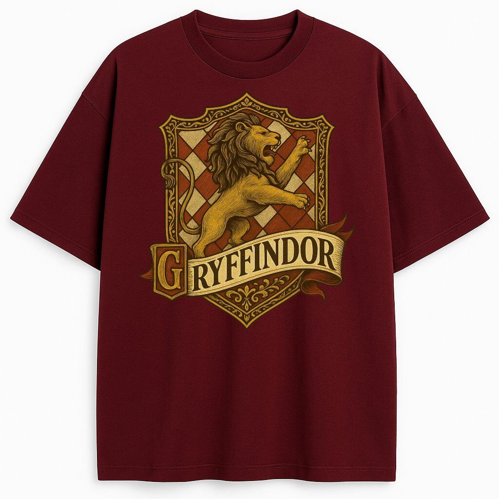 Burgundowy T-shirt Gryffindor z herbem i złotym lwem