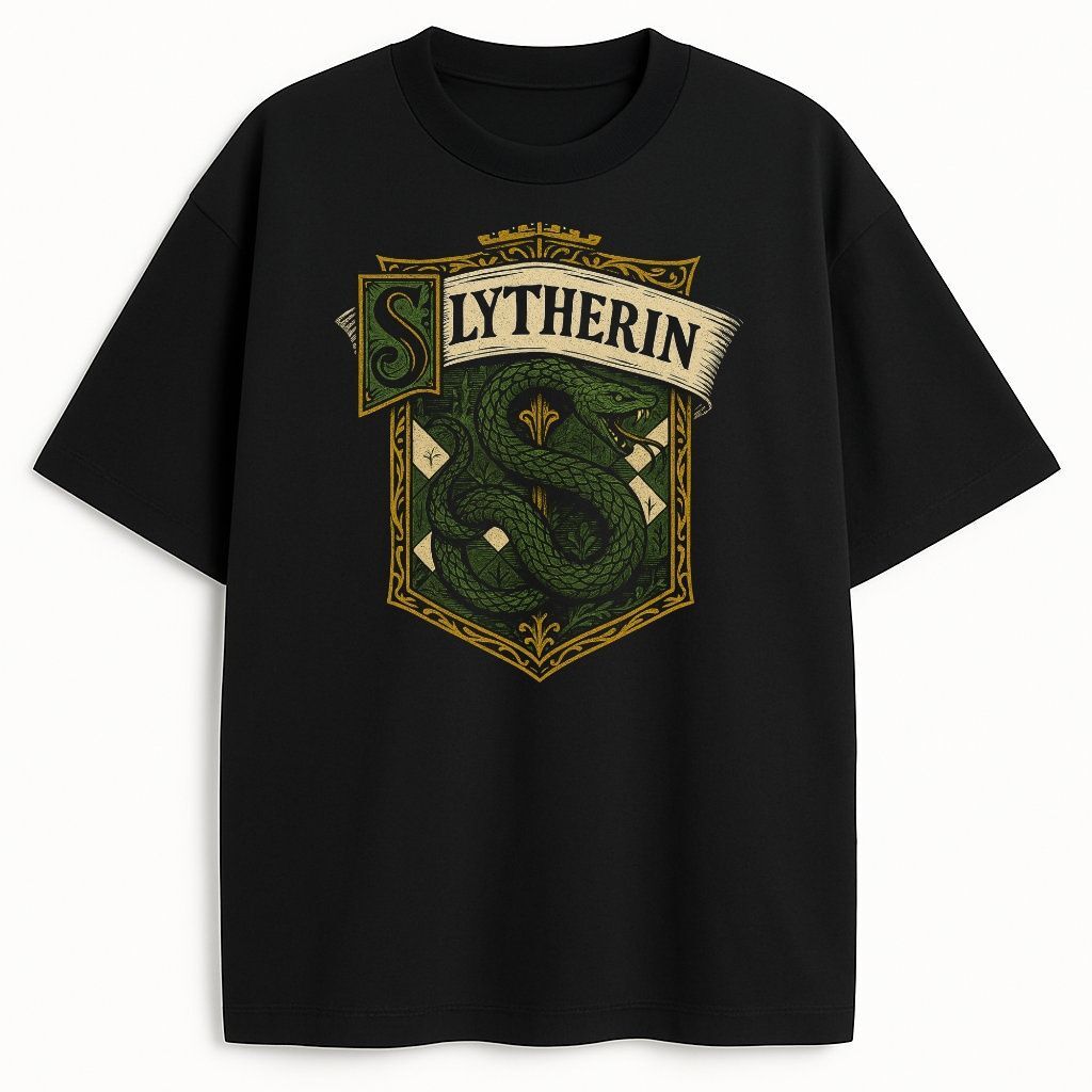 koszulka-czarna-harry-potter-slytherin Czarny T-shirt Harry Potter Slytherin z herbem w stylu vintage