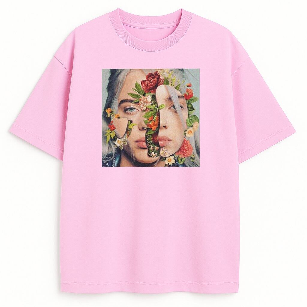 Różowa koszulka Billie Eilish Flowers z kwiatowym kolażem na tle portretu