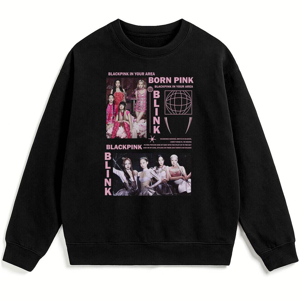 Czarna Bluza Blackpink Pink Venom z grafikami grupy i motywem Pink Venom
