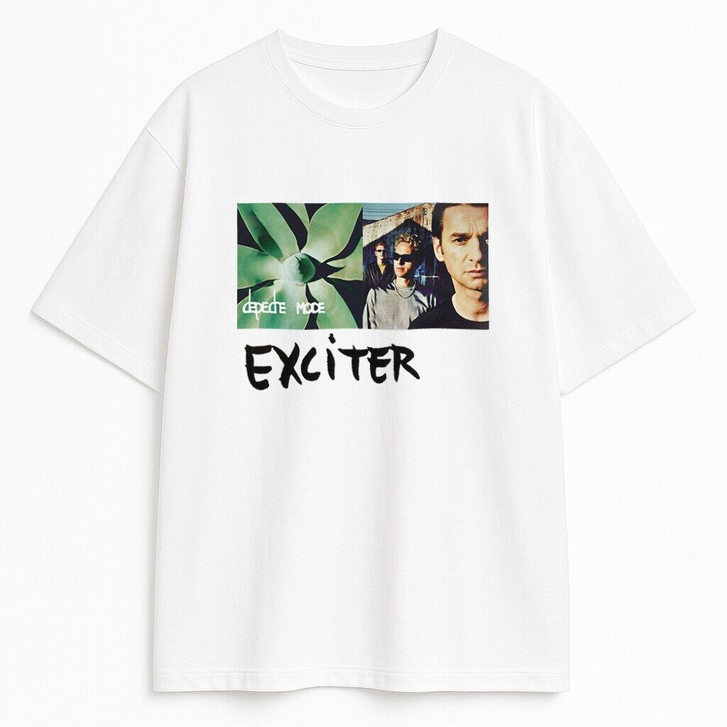 Biały T-shirt Depeche Mode Exciter z okładką albumu, zieloną rośliną i portretami zespołu w artystycznym designie