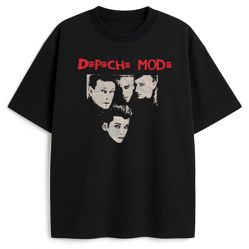Czarny T-shirt Depeche Mode Enjoy the Silence z czerwonym logo i portretami zespołu w stylu retro