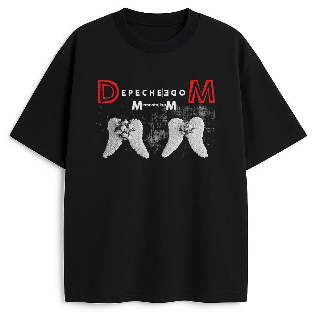 Czarny T-shirt Depeche Mode Memento Mori z czerwonym logo i anielskimi skrzydłami w vintage