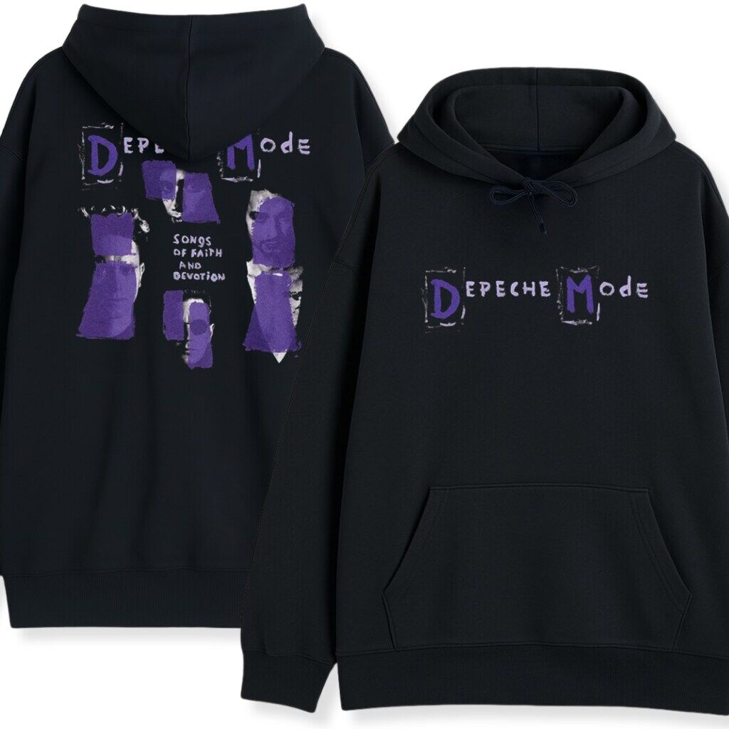 Bluza Depeche Mode Vintage – Pełny Widok Przodu i Pleców Podwójny widok czarnego hoodie Depeche Mode Vintage: plecy i przód