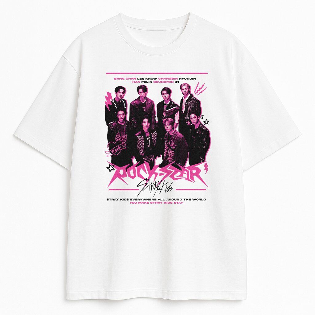 Biała koszulka Stray Kids – neonowy T-shirt z grafiką Rockstar i członkami SKZ
