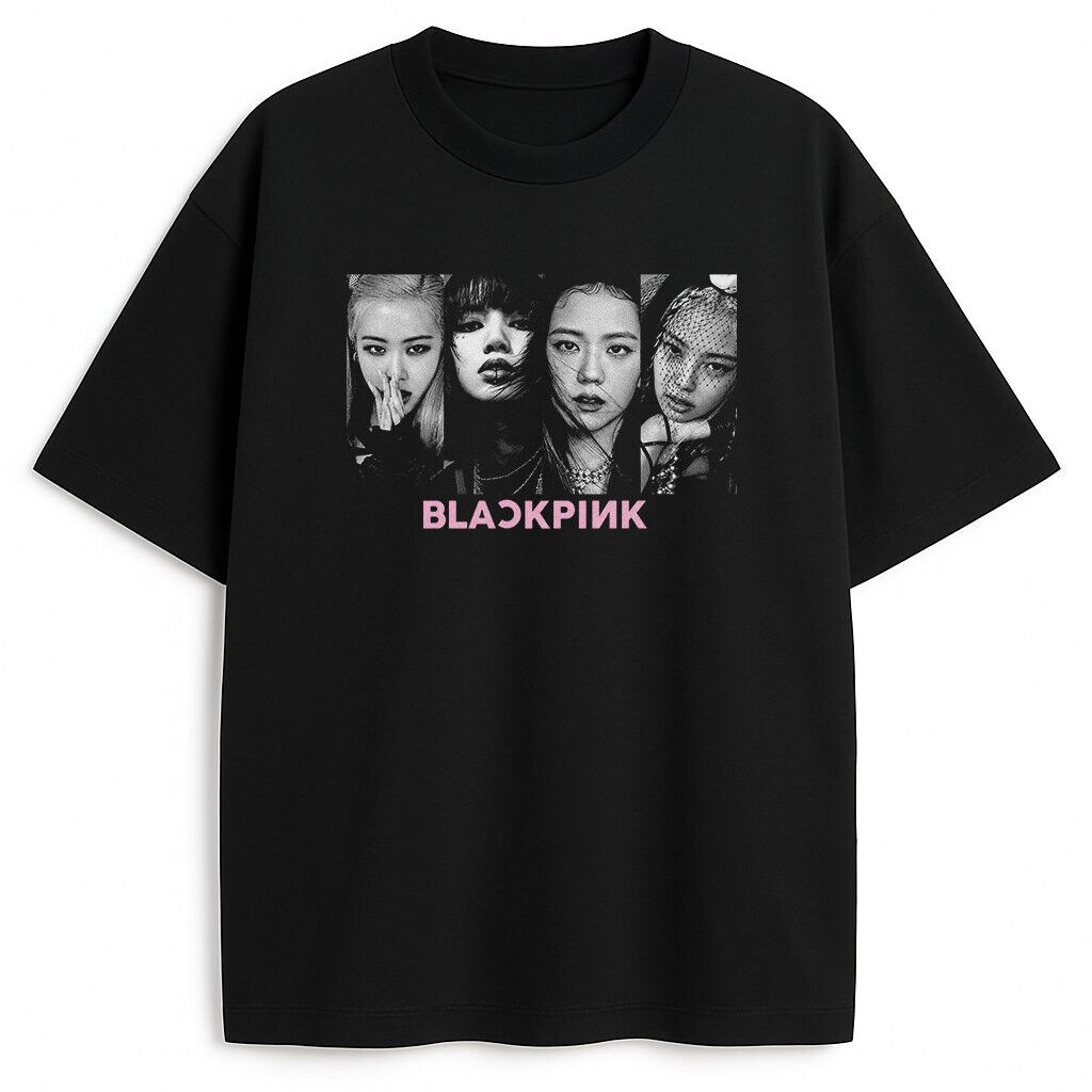 T-shirt Blackpink Faces – ikoniczny merch K-pop T-shirt Blackpink Faces czarny z portretami Jisoo, Jennie, Rosé i Lisa w stylu monochromatycznym
