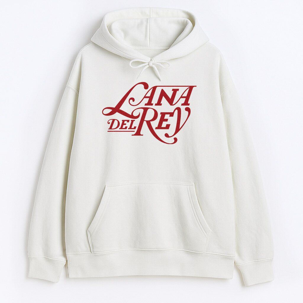 Bluza Lana Del Rey Logo z czerwonym nadrukiem na białym tle, styl fan merch