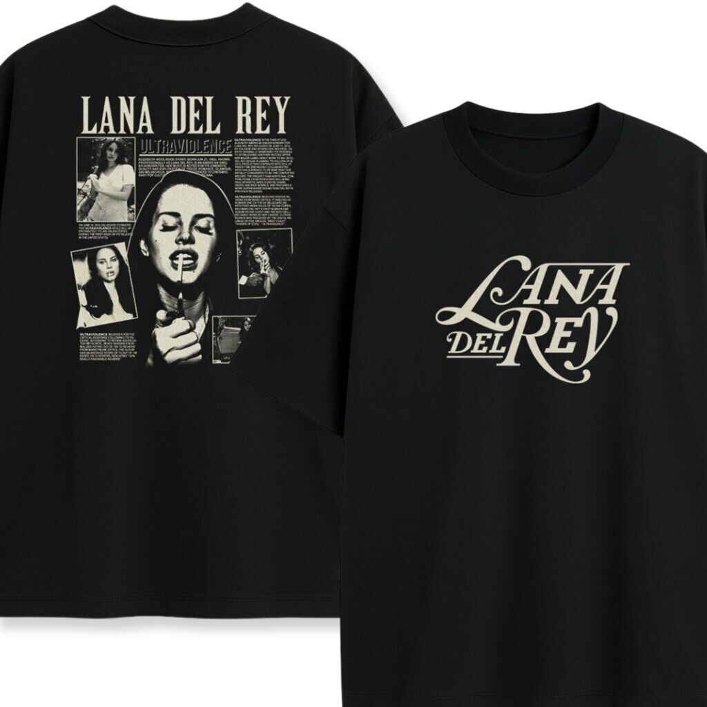 T-shirt Lana Del Rey Ultraviolence – kompletna wersja z przodu i tyłu Koszulka Lana Del Rey Ultraviolence z widocznym przodem i tyłem – logo i kolaż
