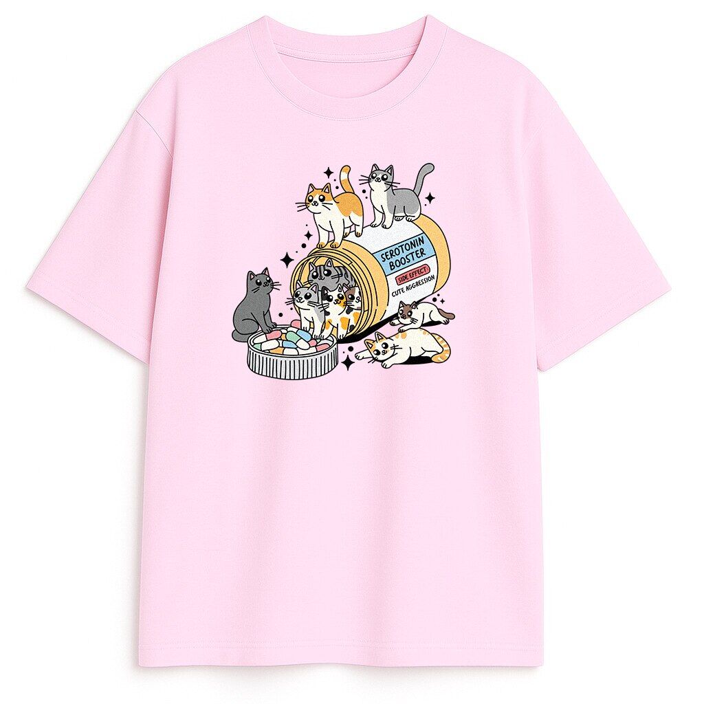Różowy T-shirt „Cat Pills” dla kociary różowa koszulka z kocim nadrukiem kawai