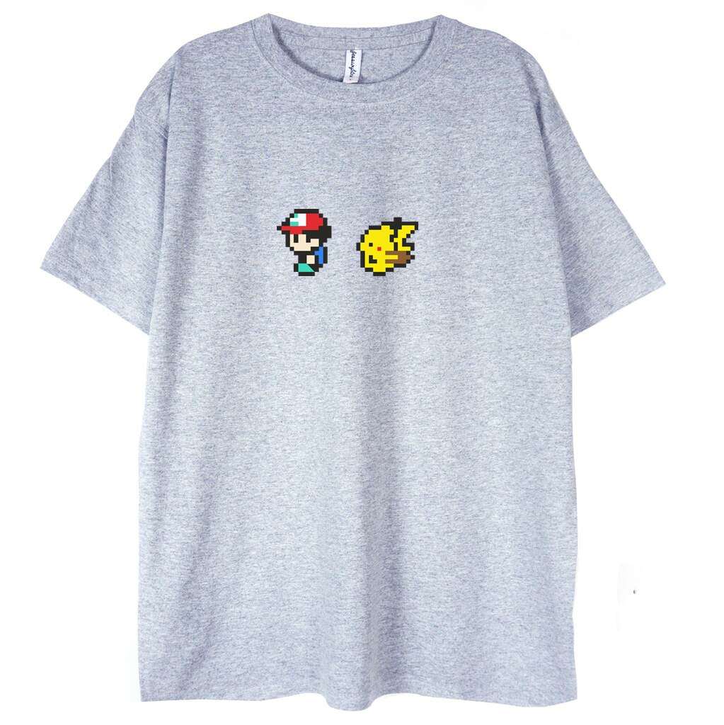 szara koszulka pixel ash and pikachu