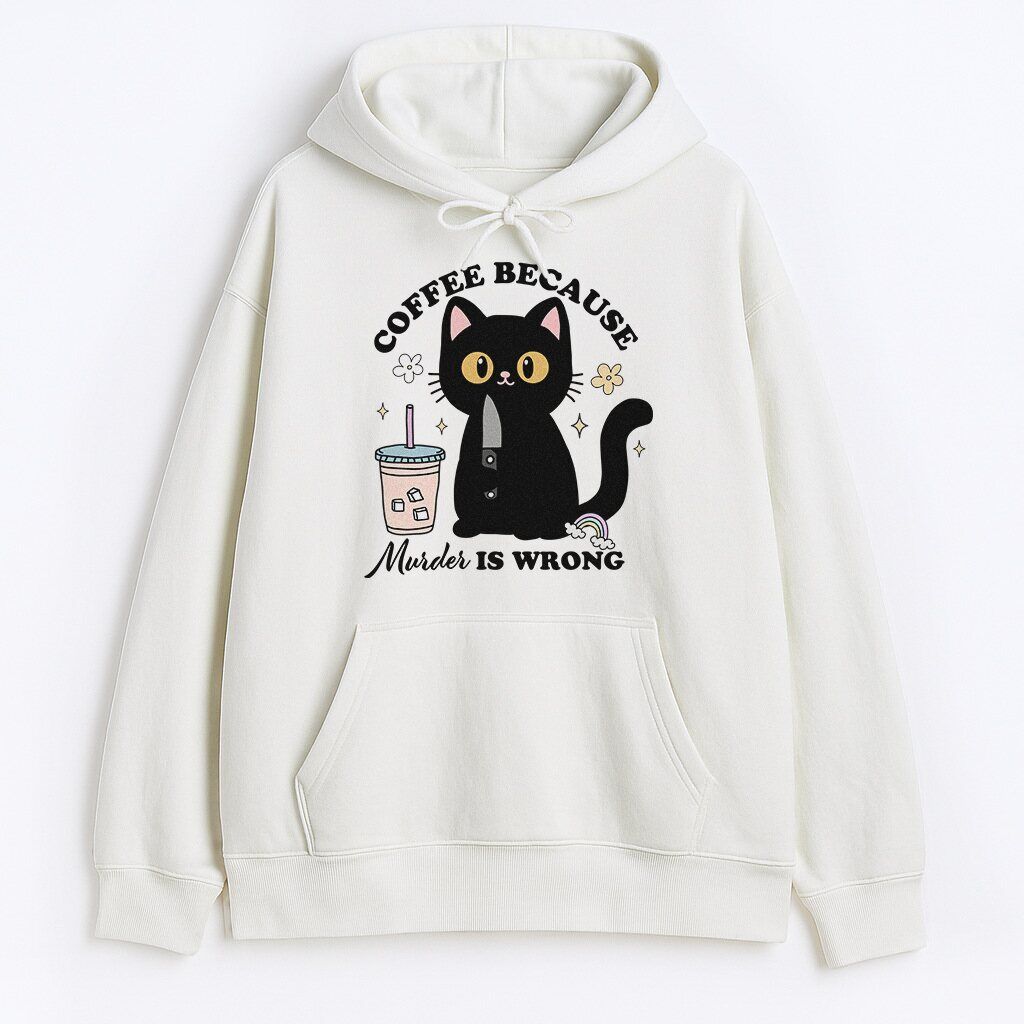 Biała bluza z kotem i kawą - nadruk Coffee Because Murder Is Wrong