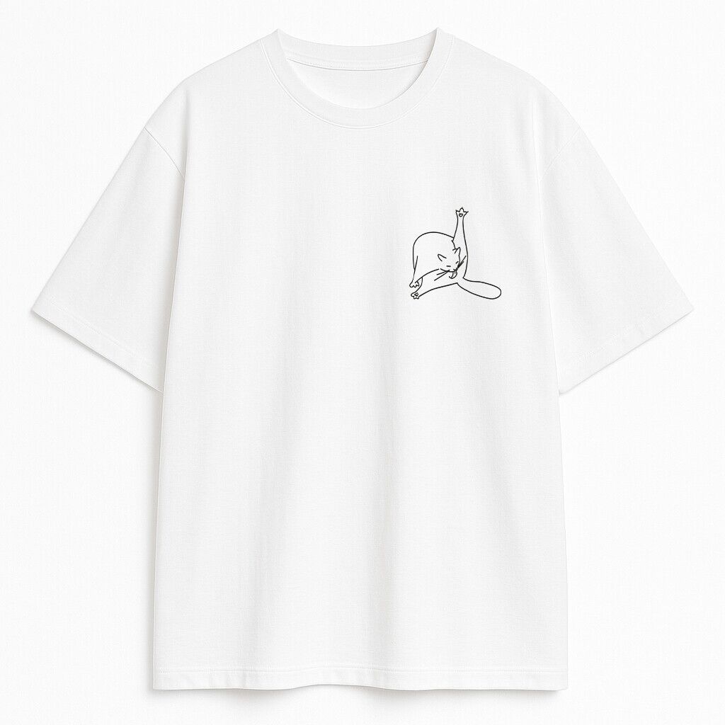 biały t-shirt kot minimalistyczny nadruk yoga