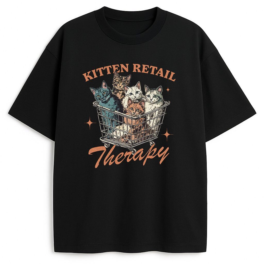 "T-shirt Kitten Therapy - czarna baza" Czarna koszulka z retro rysunkiem kociąt w koszyku i napisem Therapy