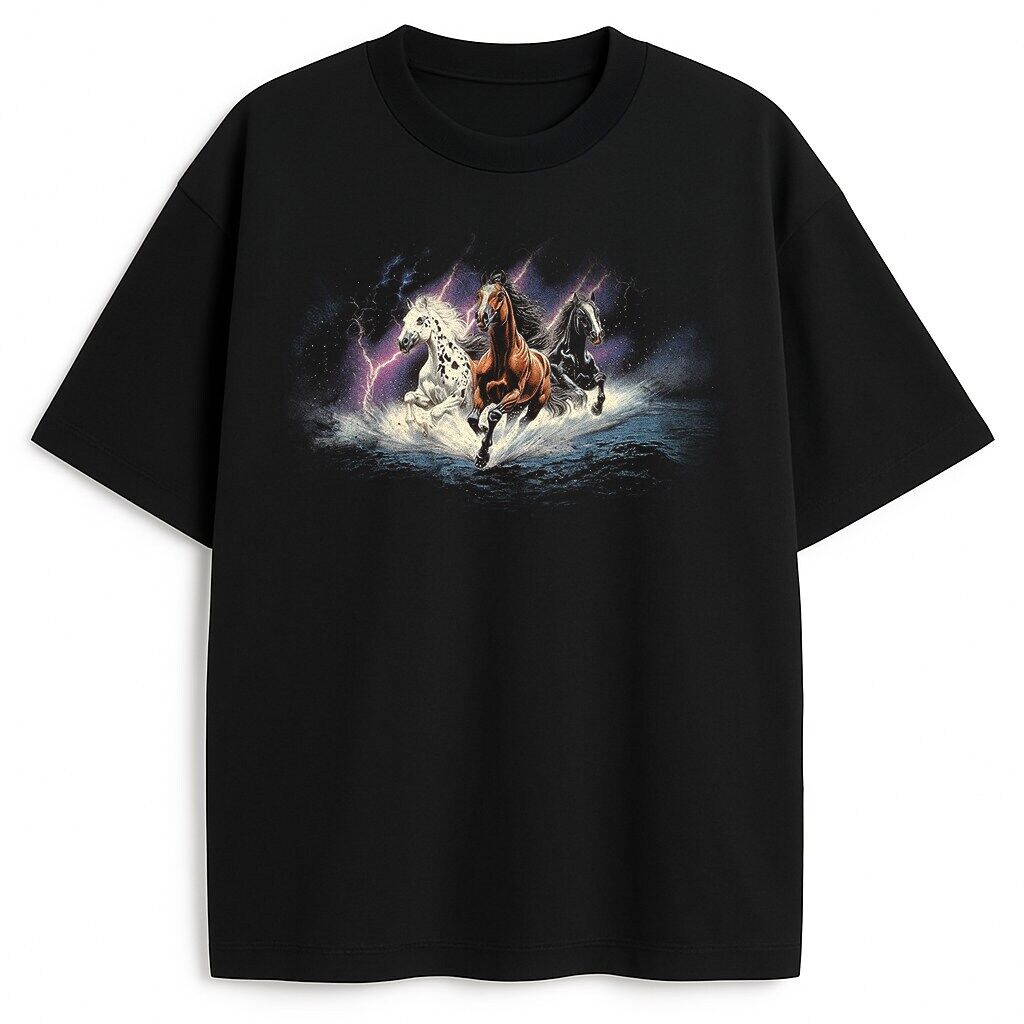 T-shirt Mystic Mustangs — czarna koszulka, widok przodu