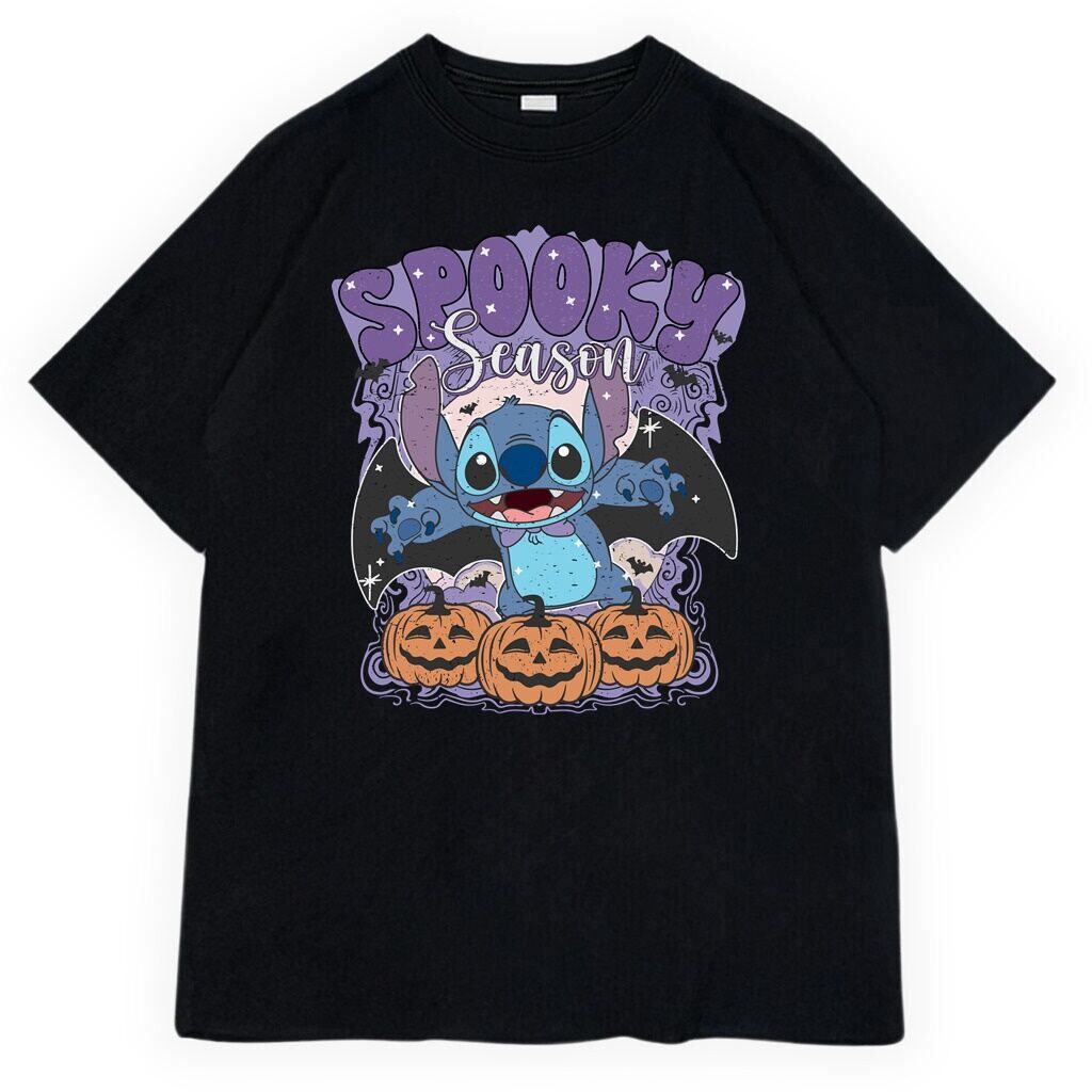 czarna koszulka przód stitch stich sticz halloween bat t-shirt Stitch Halloween Bat - obrazek 1