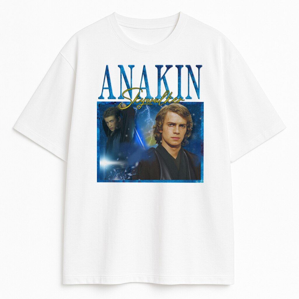 koszulka-biala-przod-anakin-skywalker-blue Vintage koszulka z Anakinem Skywalkerem – biała wersja dla fanów jasnej strony