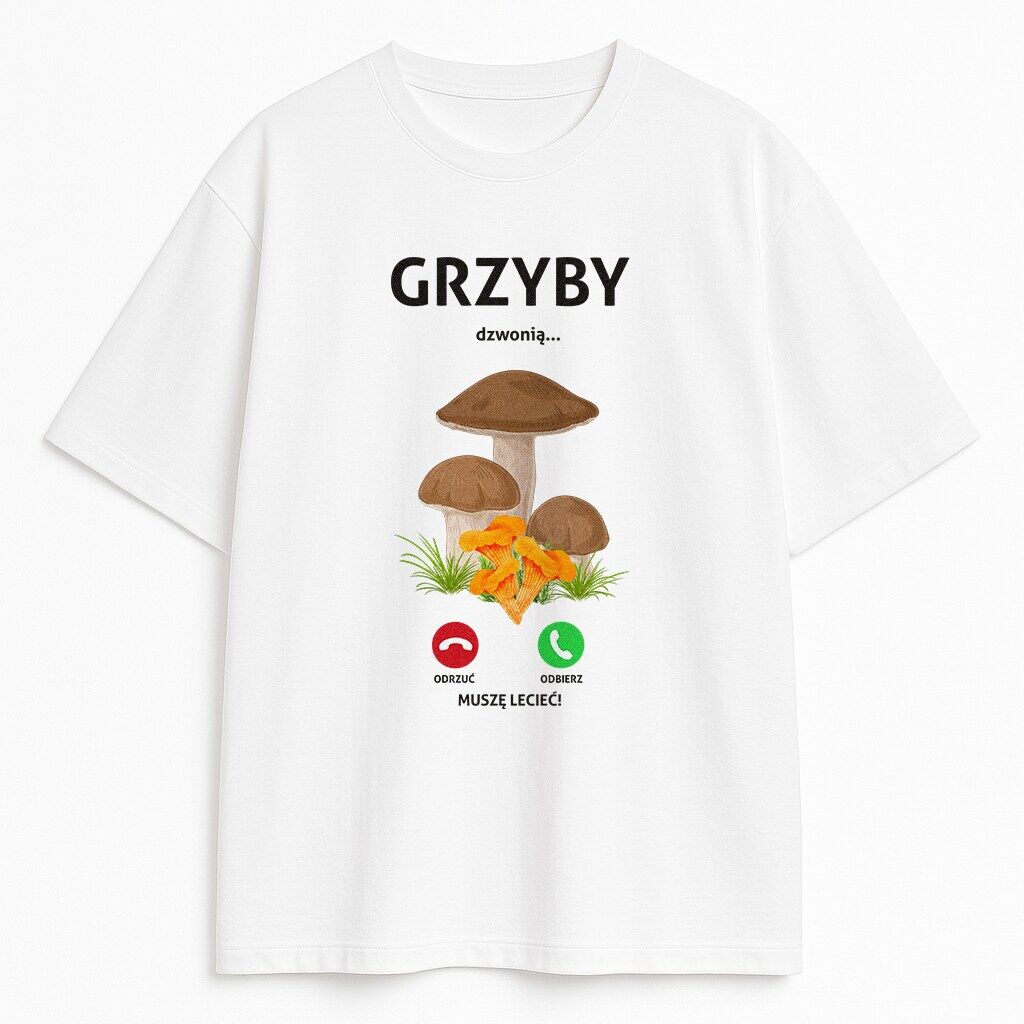 T-shirt Grzyby Dzwonią Muszę Iść - biały biały t-shirt z ekranem połączenia i kapeluszami