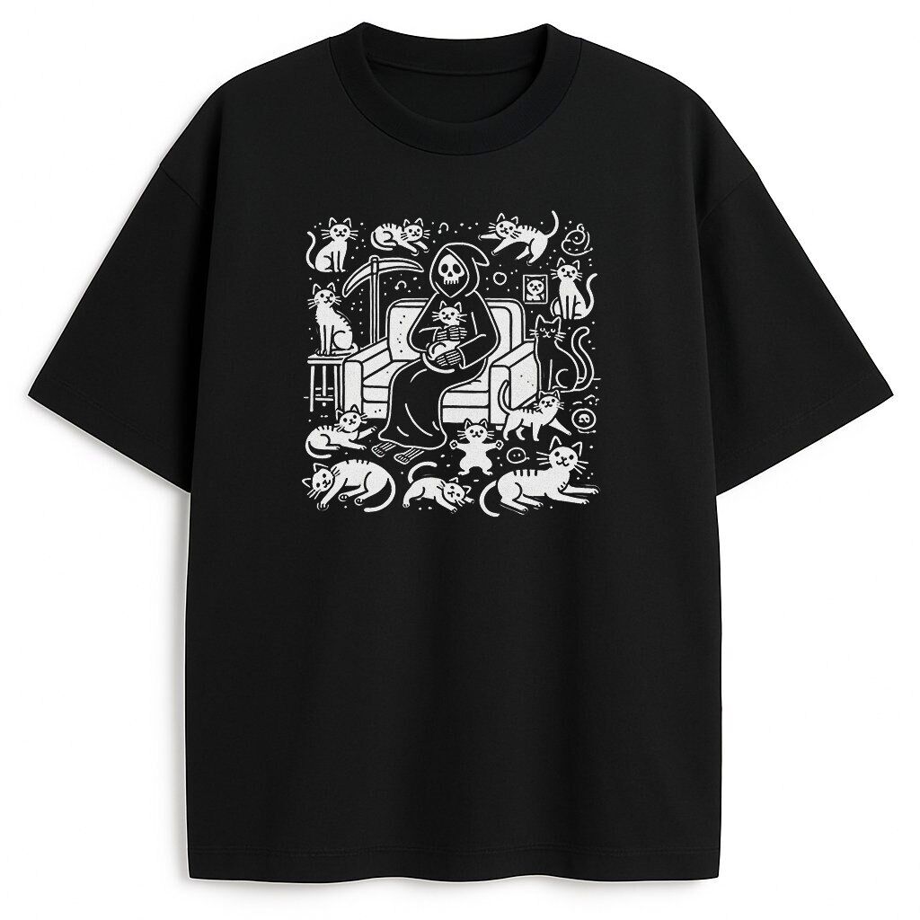 t-shirt kocia śmiertka czarny - front z dużą białą ilustracją kotów