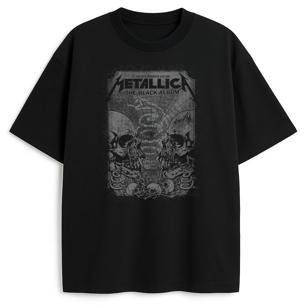 Czarna koszulka Metallica The Black Album z grafiką czaszek i sieci