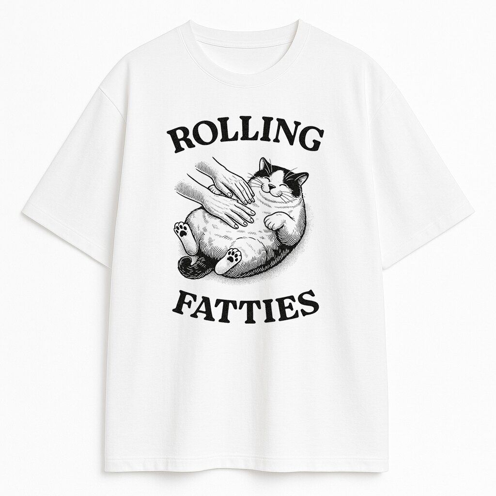 Biała koszulka z kotem Rolling Fatties i dłońmi głaszczącymi brzuch