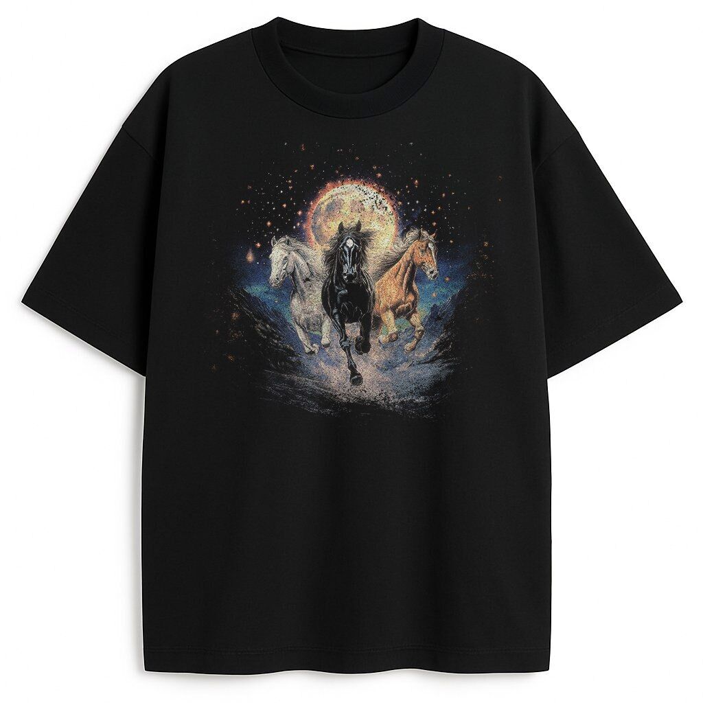 Czarny t-shirt z trzema końmi na tle księżyca, widok przodu.