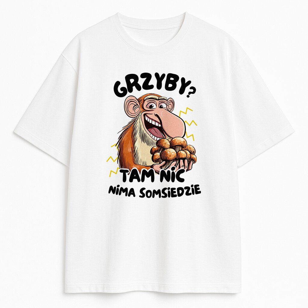 Zabawna koszulka Nosacz z Grzybami - biała biała koszulka z nosaczem i napisem, humorystyczny nadruk