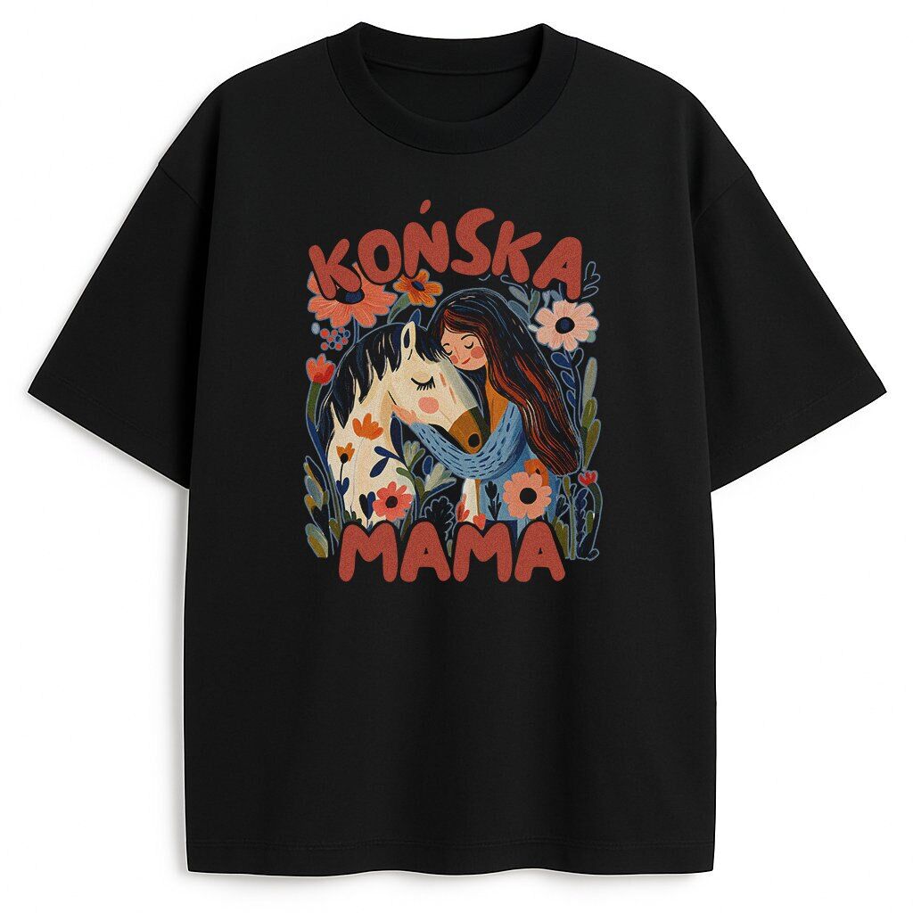 Czarny t-shirt Końska Mama na płasko, widok przodu
