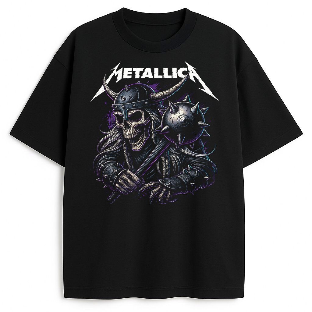 Czarna koszulka Metallica Valhalla Warrior z grafiką szkieleta w zbroi i buzdyganem
