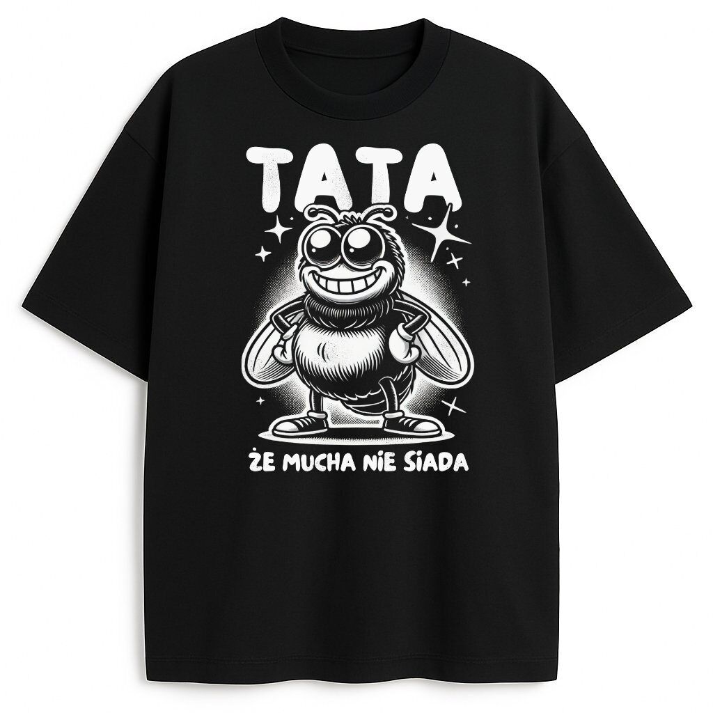 Czarna koszulka Tata Że Mucha Nie Siada z muchą i napisem