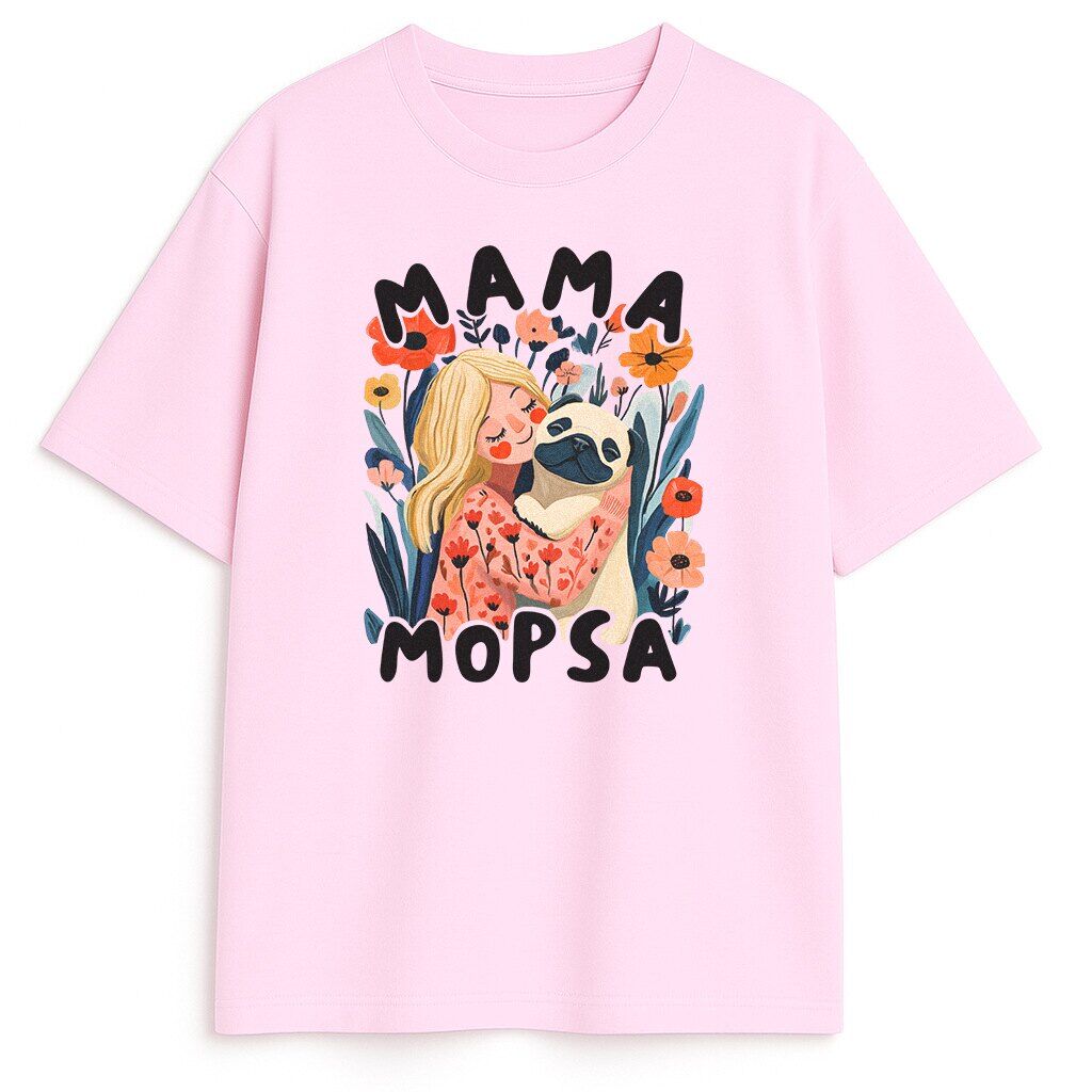 Różowa koszulka Mama Mopsa z ilustracją mopsa Różowa koszulka z mopsem dla kobiety Mama Mopsa z kwiatowym nadrukiem