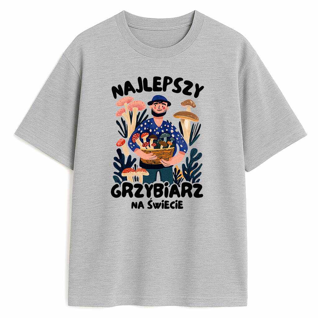 Koszulka dla grzybiarza - szary wariant szary t-shirt z ilustracją w stylu folk