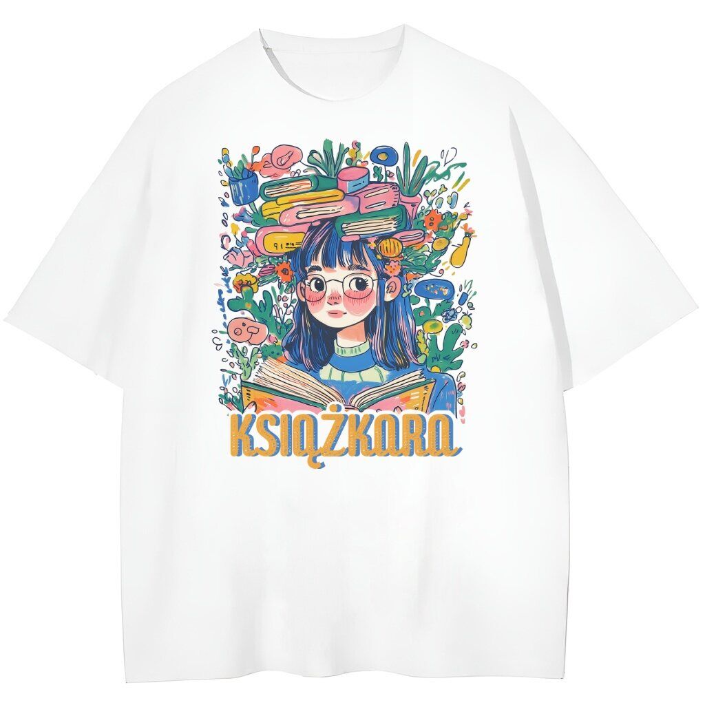 t-shirt biały przód książkara koszulka w białym kolorze z nadrukiem książkara
