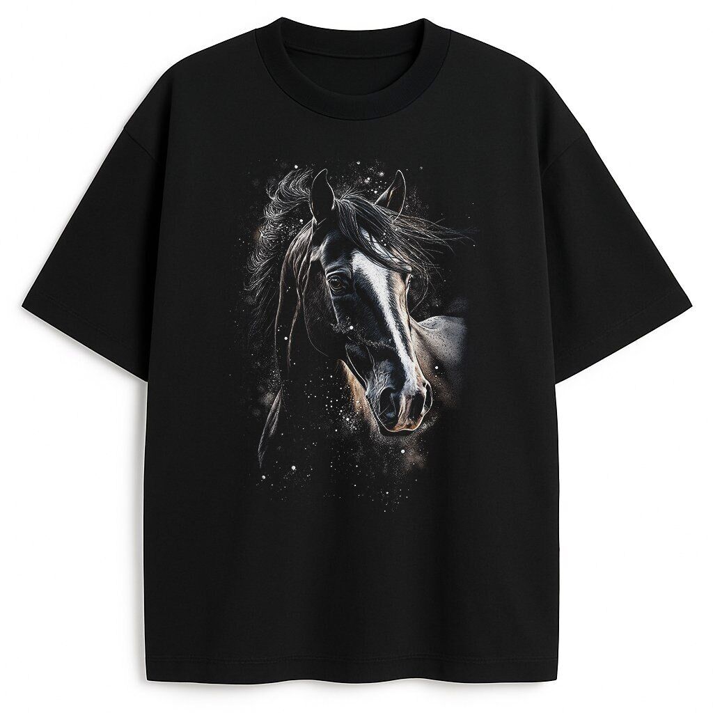 Czarna koszulka z koniem - Wild Spirit, front produktu, kontrastowy print