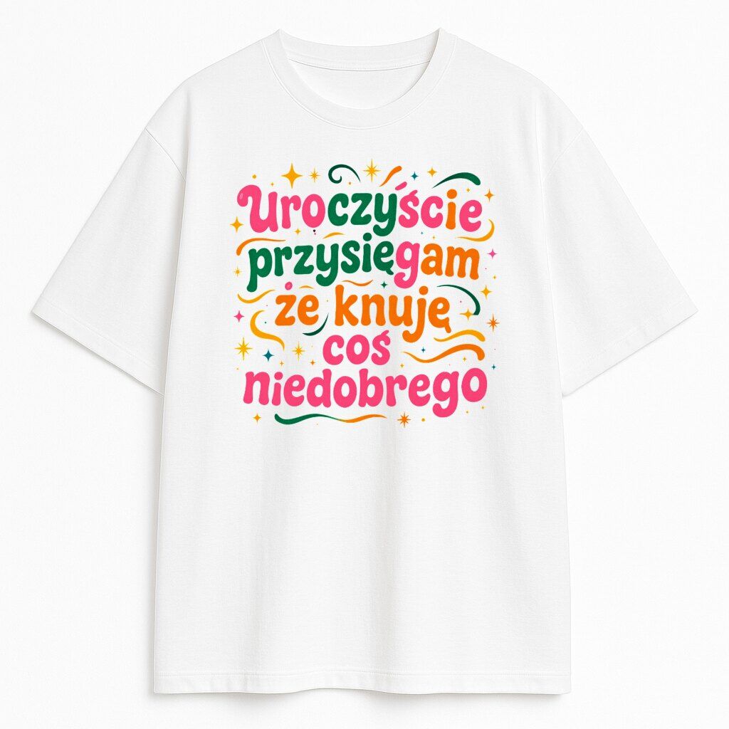 koszulka-biala-przod-harry-potter-uroczyscie-przysiegam-ze-knuje-cos-niedobrego T-shirt Uroczyście przysięgam, że knuję coś niedobrego – biała wersja z kolorowym napisem