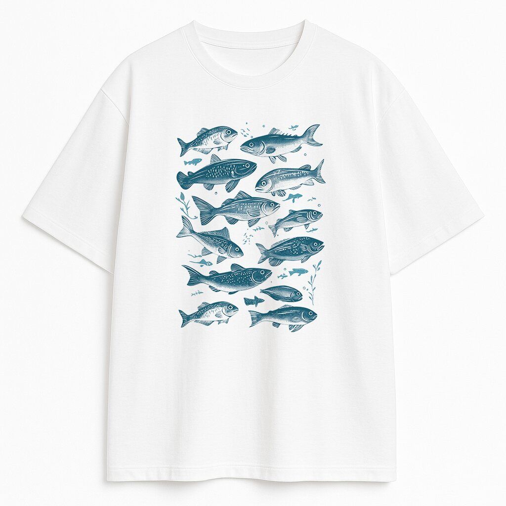 koszulka-biala-przod-z-nadrukiem-rybki-ryby t-shirt Rybki - obrazek 1