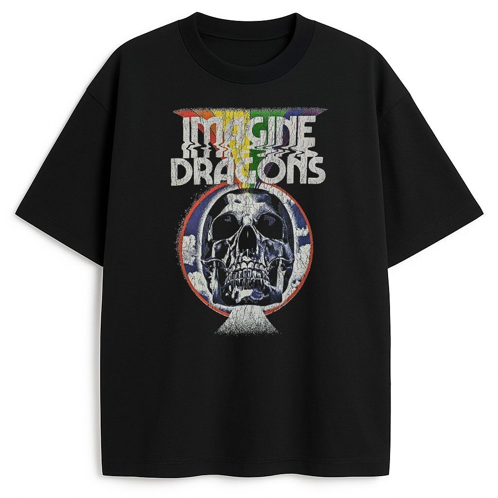 T-shirt Imagine Dragons Rainbow Mind z czaszką i glitch efektem, kolor czarny