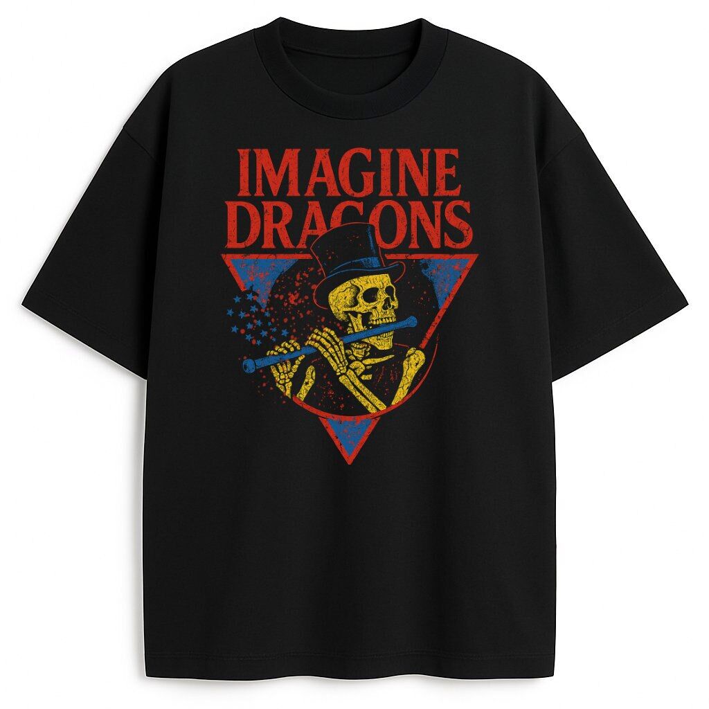 koszulka-czarna-przod-imagine-dragons-skeleton-flute Czarny T-shirt Imagine Dragons Skeletor Flute z żółtym szkieletem grającym na flecie