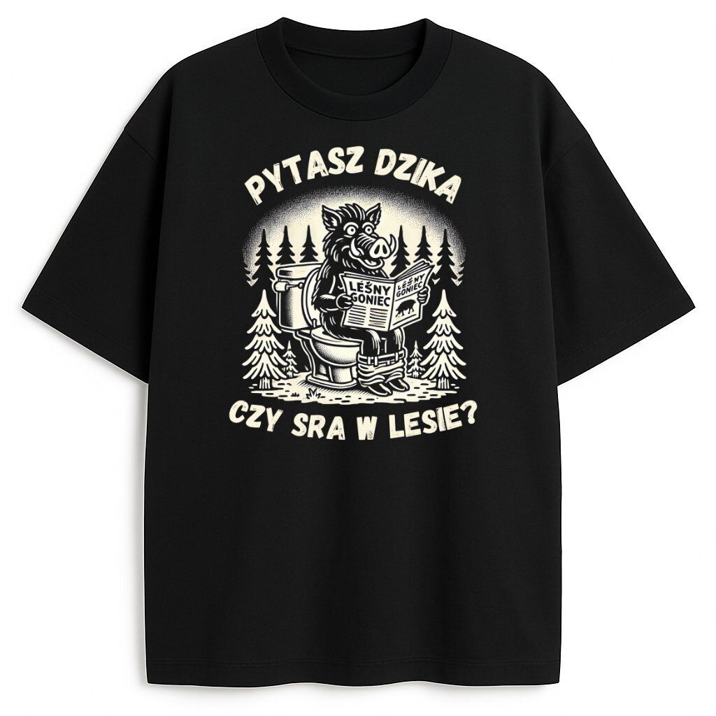 Czarna koszulka z dzikiem czytającym gazetę w lesie na toalecie