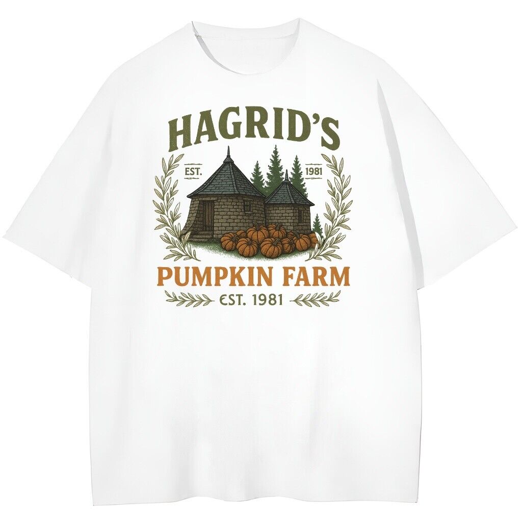 t-shirt biały przód harry potter hagrids pumpkin farm T-shirt Hagrids Farm Pumpkin z ilustracją farmy, kolor biały