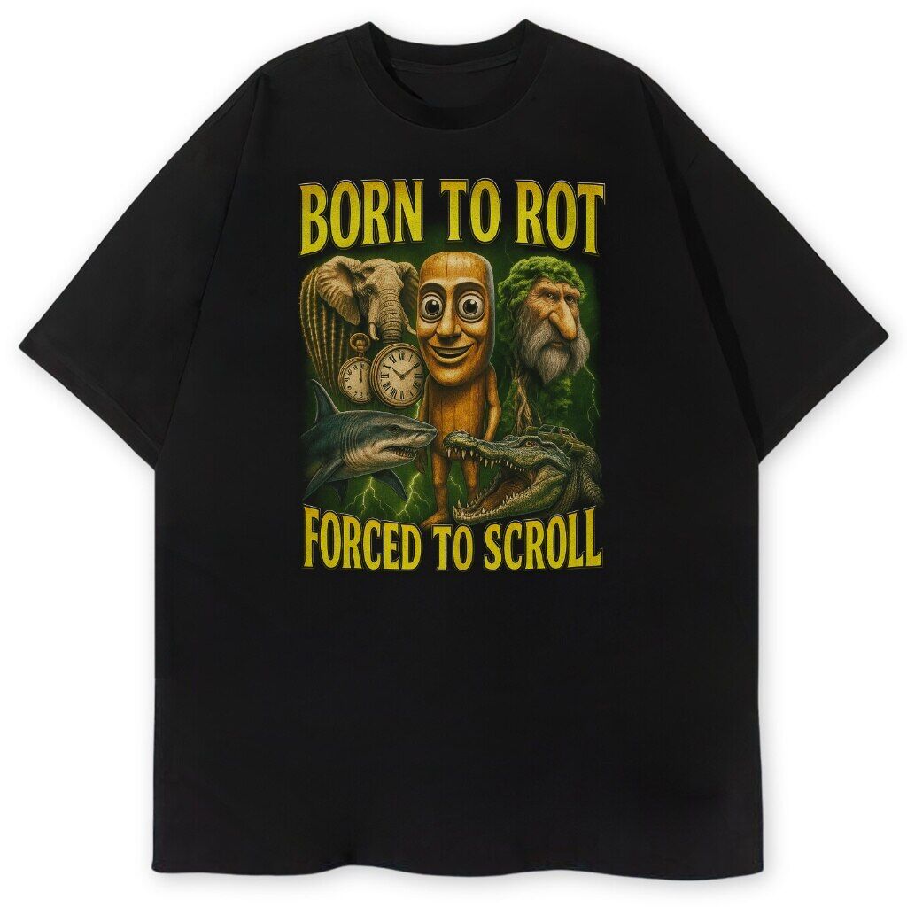 t-shirt czarny przód born to rot forced to scroll T-shirt Born To Rot z postaciami Brain Rot i napisem