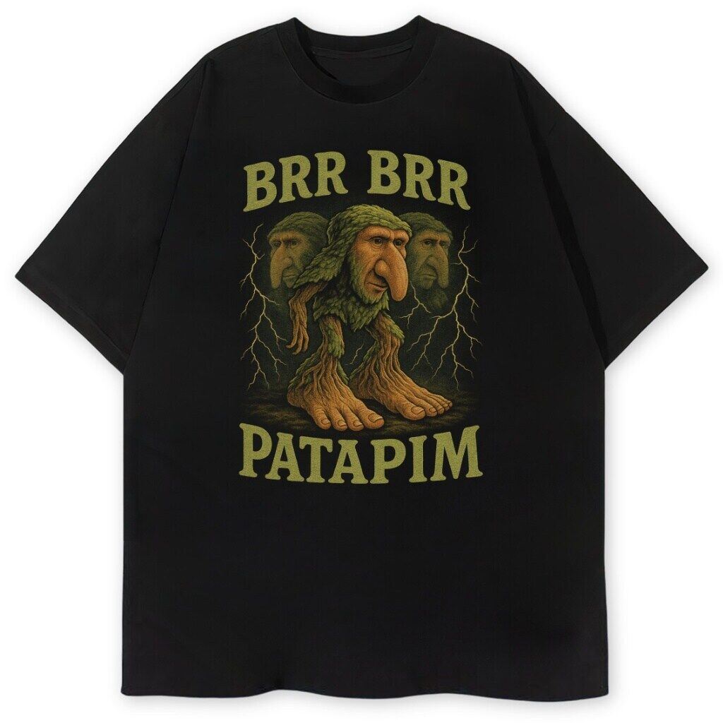 t-shirt czarny przód brr brr patapim brainrot T-shirt Brr Brr Patapim z trollowatym stworem i napisem