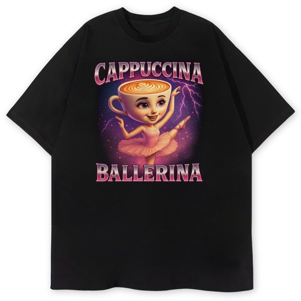 t-shirt czarny przód cappuccina ballerina T-shirt Cappuccina Ballerina z baletnicą w filiżance, czarny