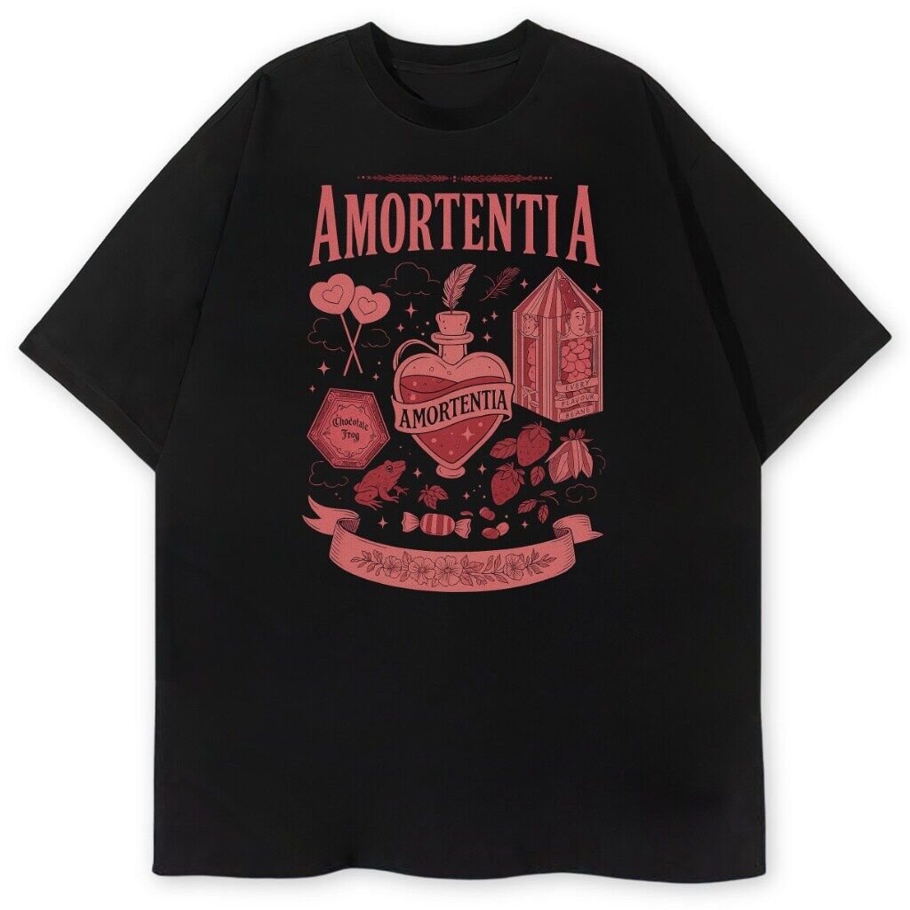 t-shirt czarny przód harry potter amortentia T-shirt Harry Potter Amortentia z różową grafiką eliksiru