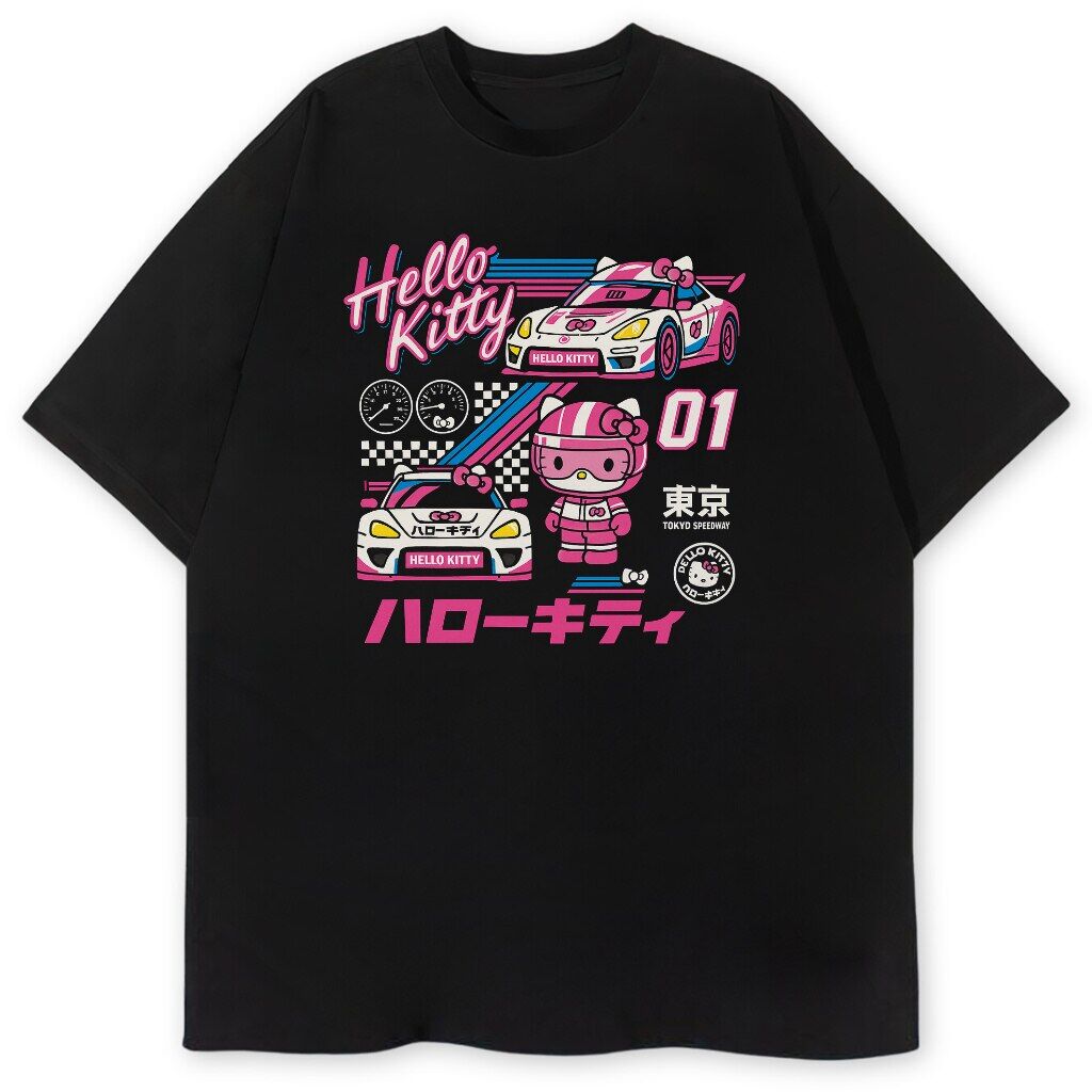 t-shirt czarny przód hello kitty tokyo speed pink T-shirt Hello Kitty Tokyo Speed z grafiką wyścigową, kolor czarny