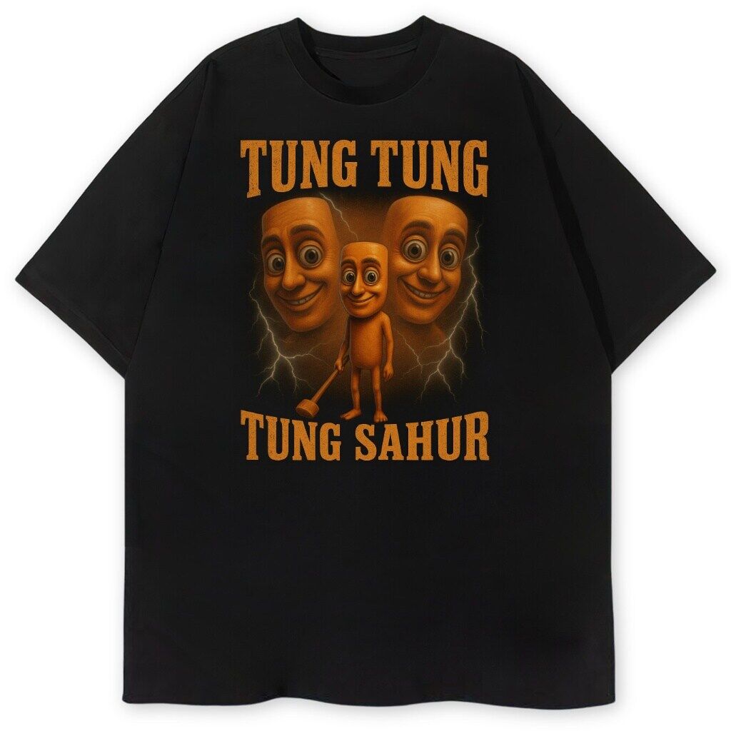 t-shirt-czarny-przod-tung-tung-tung-sahur T-shirt Tung Tung Tung Sahur z pomarańczową grafiką memiczną, wersja czarna