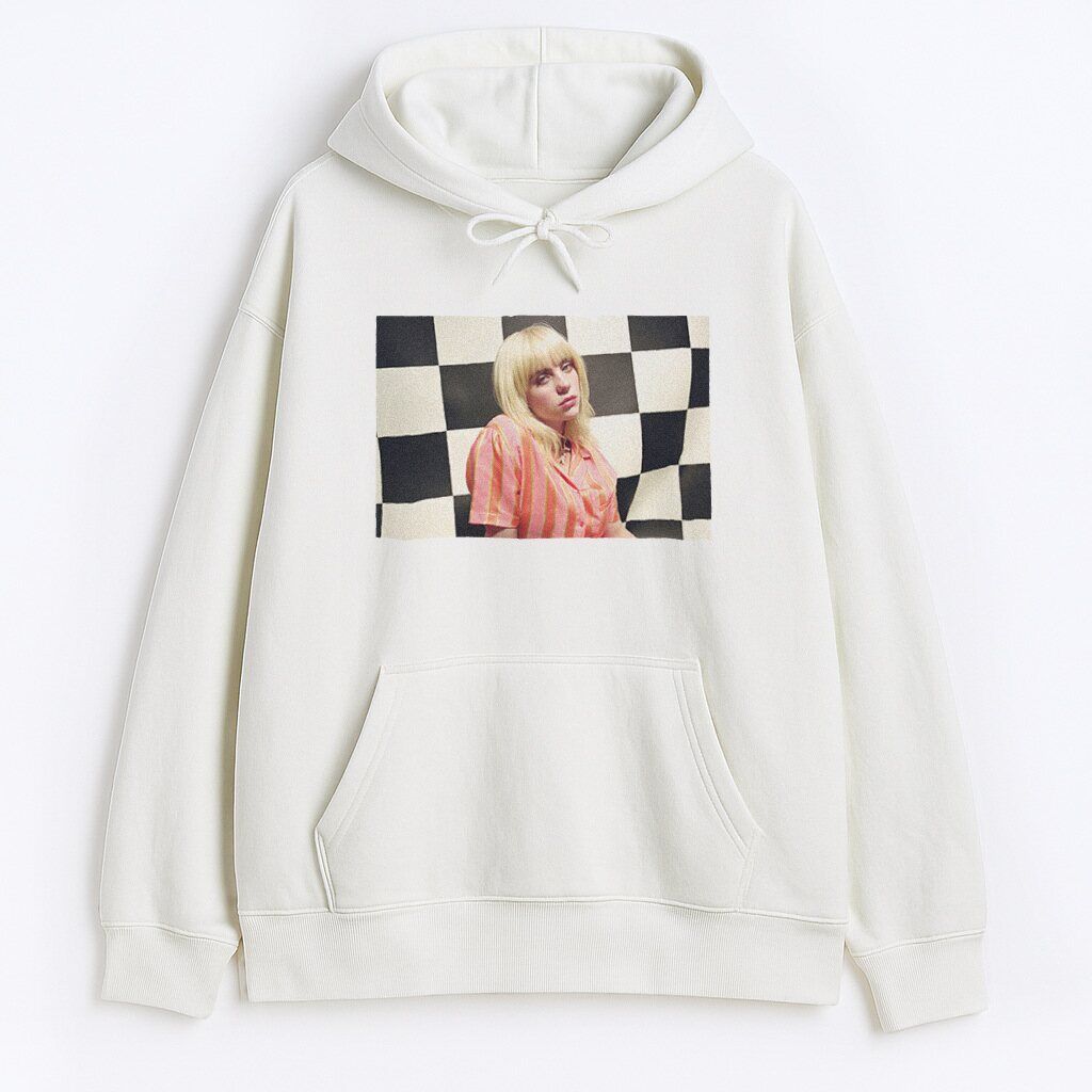Bluza z kapturem Billie Eilish Chessboard z pastelową grafiką i szachownicą