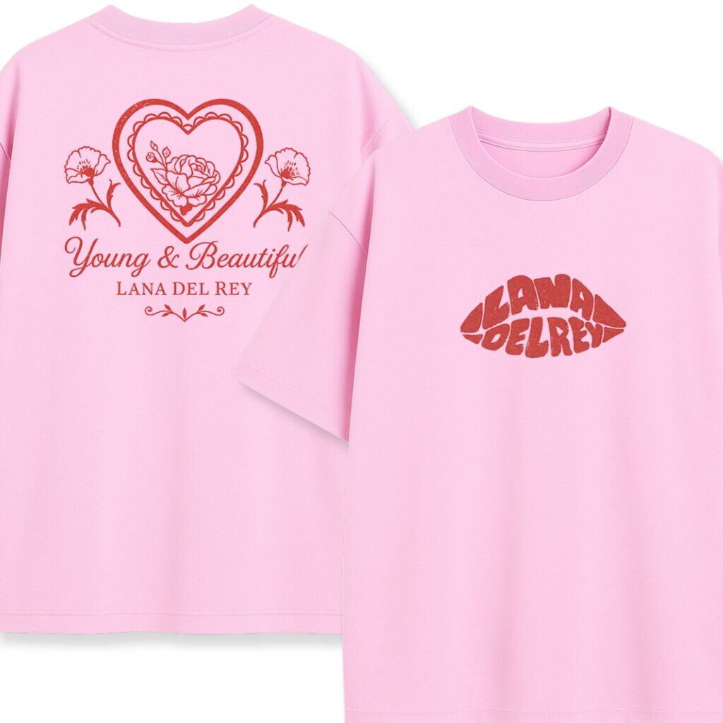T-shirt Lana Del Rey Young and Beautiful – dwustronna wersja różowa Koszulka z czerwonym nadrukiem z przodu i sercem z różą na plecach